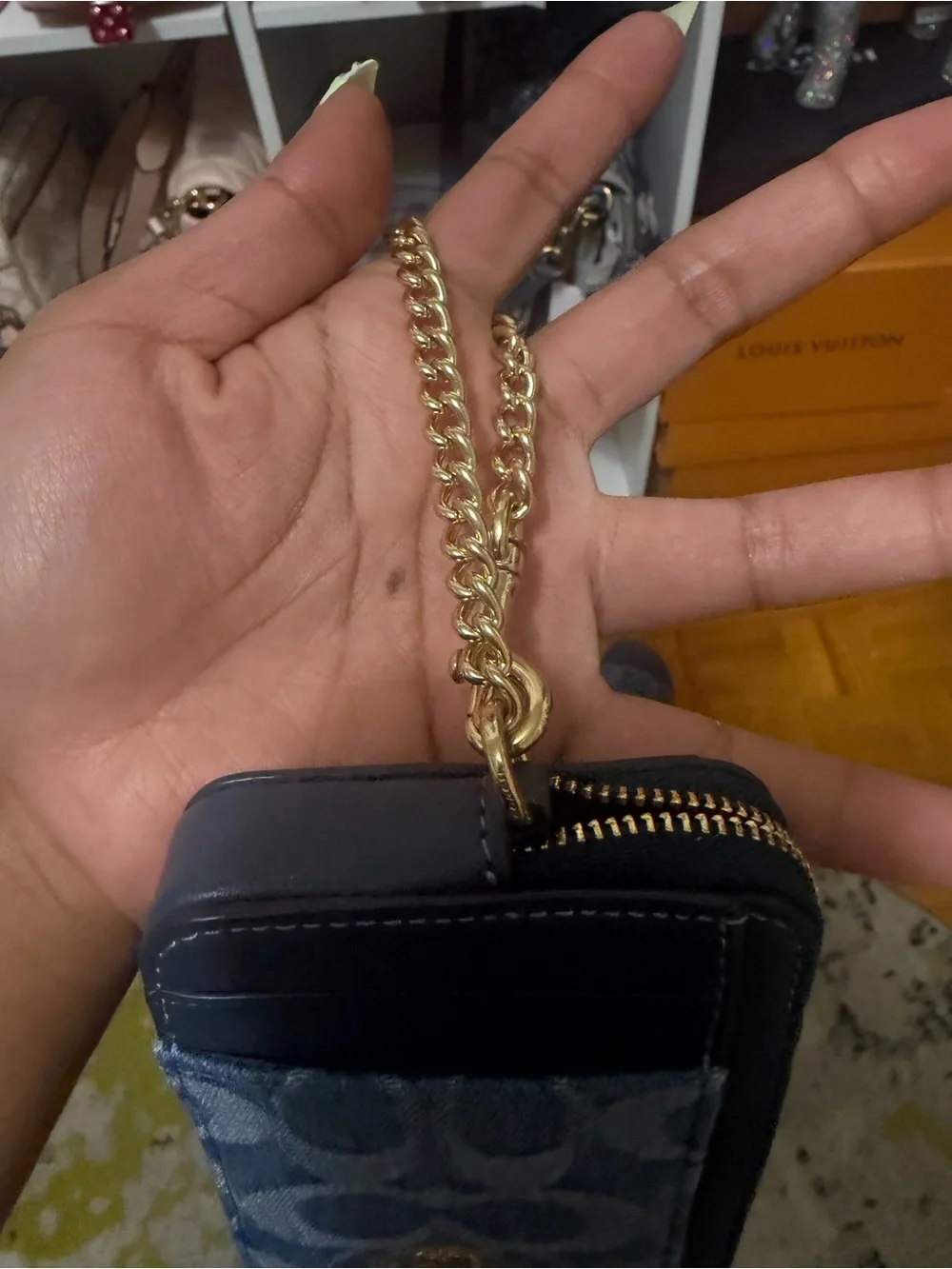 Coach Blue Denim Signature Card Case with Navy Trim
